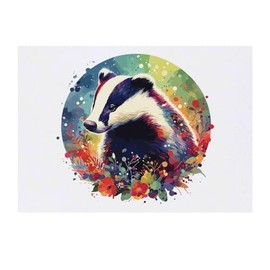 'Colourful Badger With Wild Flowers' Temporary Tattoo - Water Resistant, Skin-Safe, Non-Toxic Transfer (TO00073953)