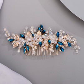 Chargances Wedding Crystal Hair Comb Bridal Leaf Pearl Hair Vine Side Comb Rhinestone Beaded Hair Accessories Headpiece for Wedding Prom Festival Bridesmaid for Women and Girls (Blue)