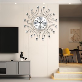 SHUNZY Wall Clocks for Living Room Decor Modern Silent Wall Clock Battery Operated Non-Ticking for Bedroom Kitchen Office Home Decoration 24 Inch Silver Drop Crystal Wall Watch Clock for Indoor