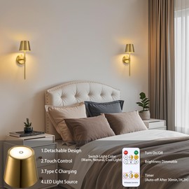Hillsboro Battery Operated Wall Sconce Set of 2, Cordless 5000mAh Gold Rechargeable LED Wall Lights, Remote Control 3 Colors Dimmable Wireless Wall lamp for Bedroom Living Room Hallway