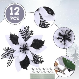 Canlierr 6.3 Inch Artificial Poinsettias Christmas Glitter Flowers with Clips Xmas Tree Flower Ornament Poinsettias Decor (White, Black,12 Pieces)