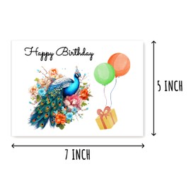 SNMDesigns Peacock Happy Birthday Card - Animal With Balloons Card - Peacock Birthday Card - Unique Bday Card - Peacock Keepsake, 5 x 7 inches
