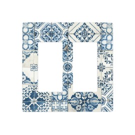 Retro Blue Tile 2 Gang Double Rocker/Decor Light Switch Cover Decorative Outlet Wall Plate Electrical Faceplate Home Bedroom Art Panel Decor Screwless 4.7" x 4.6