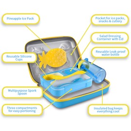 COO&KOO Shark Lunch Box Set, Include 3D Insulated Cooler Bag & Leakproof Water Bottle Pineapple Ice Pack Multipurpose Spork Spoon Silicone Cups Salad Box, Great for School Girls or Boys