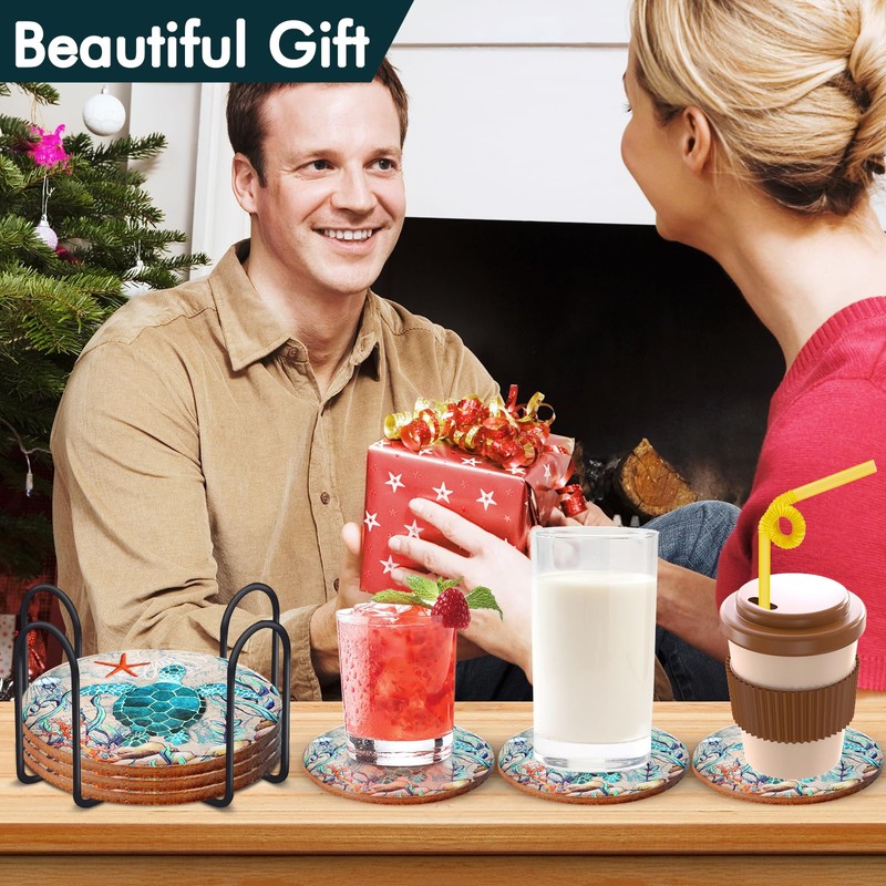 Coasters for Drinks Turtle Cork Base Coasters with Holder Sea