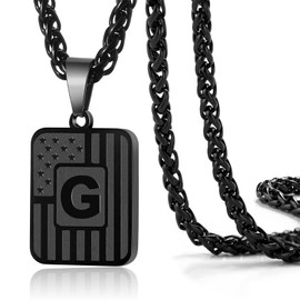 DuoDiner Letter G Initial Necklaces for Men Boys, American Flag Pendent Chain Stainless Steel Dog Tag Male Necklace Jewelry Gifts (Black)