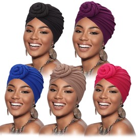 DRESHOW 5 Pack Knotted Headwraps for Women African Turban Pre-Knotted Beanie Headwraps Hair Covers