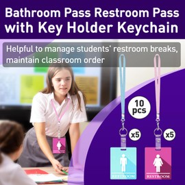 10 PCS Bathroom Passes for Classrooms Include Key Holder and Lanyard, Pink and Blue Bathroom Pass for Women Men, Bathroom Key Chain for Business School Toilet Office Restaurant Public Place