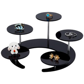 FINGERINSPIRE 9.2x9.2x3.8inch Black Acrylic Jewelry Display Stand 5 Tier Round Acrylic Display Riser Moon Shape Base Jewelry Organizer Holder Rack for Small Jewelry Cupcake Perfume Collectibles