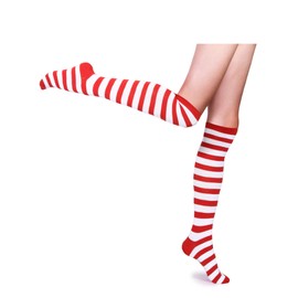 SATINIOR 4 Pair Red and White Striped Knee High Socks Tube Long Clown Socks Thigh High Stockings for Women Christmas(Medium)