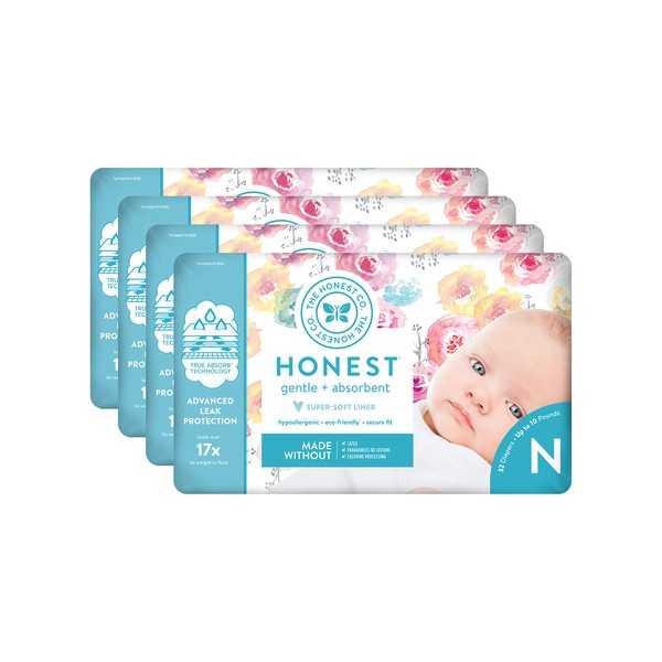 The Honest Company Diapers - Newborn, Size 0 - Rose Blossom Print TrueAbsorb Technology Plant-Derived Materials Hypoallergenic, 32 Count (Pack of 4)