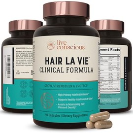 Hair La Vie Live Conscious - Vitaminas clínicas para el crecimiento del cabello para mujeres y hombres con biotina, colágeno y palma enana americana (paquete de 1)