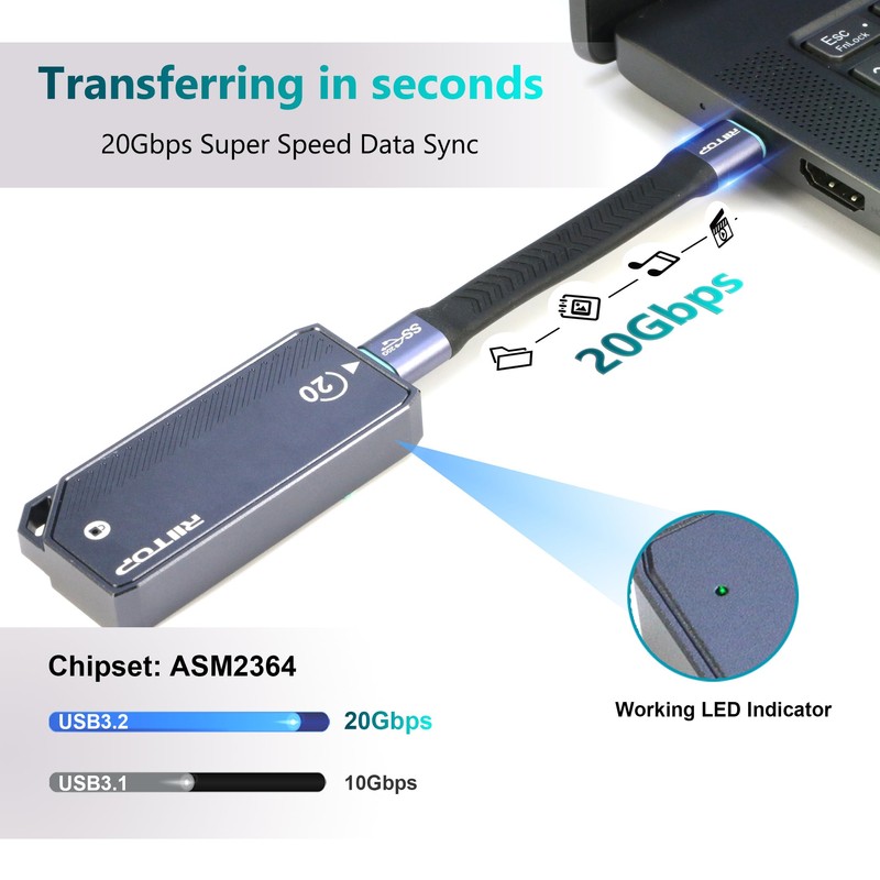 RIITOP M.2 NVMe SSD Enclosure 20Gbps, NVMe to USB3.2 Gen2X2