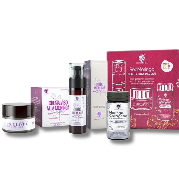 Anti-Wrinkle Skin Care Set with Hyaluronic Acid, Collagen and Moringa | Gift Idea for Christmas 2023 | Face Cream, Anti-Wrinkle Serum, Collagen Supplement - Gift Packaging RedMoringa