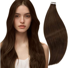RUNATURE Brown Tape Extensions Real Hair 60 cm Long Remy Tape-In Extensions Real Hair Tape Real Hair Extensions Silky Hair Colour #4 Brown 20 Pieces 50 g