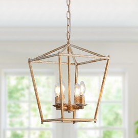 HONGREN Modern Lantern Chandeliers 4-Light Ceiling Cage Hanging Lights White Gold Pendant Light Fixtures for Kitchen Island Dining Room Farmhouse Entryway Foyer