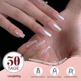 Noerrors Glänzende Aurora Kunstnägel, 24 Stück lange, quadratische Sarg-Spiegel-Nude-Press-On-Nägel, hochglänzende Perlen-weiße Chrom-Acryl-Full-Cover-Fake-Nägel für Frauen und Mädchen