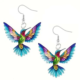 Hummingbird Earrings, 925 Sterling Silver Bird Earrings for Women Hypoallergenic 2D Acrylic Dangling Novelty Fun Blue Colorful Cute Humming Bird Drop Dangle Jewelry
