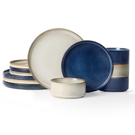 Famiware Star Dinnerware Set, Plates and Bowls Sets for 4 (12pcs), Ribbed Stoneware Dishes - Chip & Scratch Resistant, Microwave & Dishwasher Safe, Multicolor - Cappuccino White & Nebulas Blue