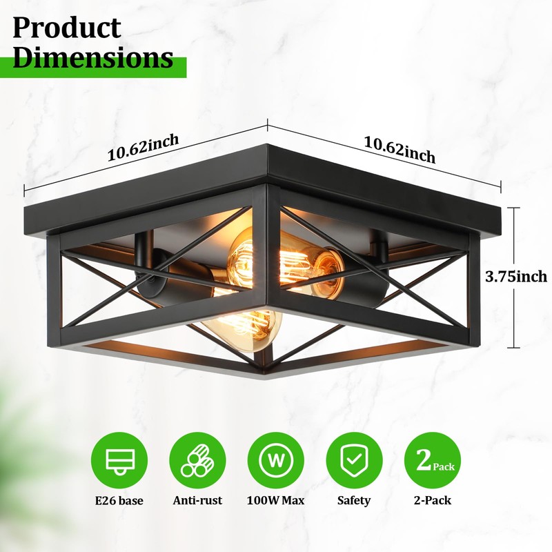 Kondras 2-Light Industrial Square Flush Mount Ceiling Light, Farmhouse Ceiling