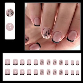 AkiliBIELY Square Press on Nails Short Black Bare Floral French Tip Fake Nails Women Glue on Nails Acrylic Gel Stick on Nails Cute Fantasy Classy Full Cover Pretty False Nails Wedding Birthday