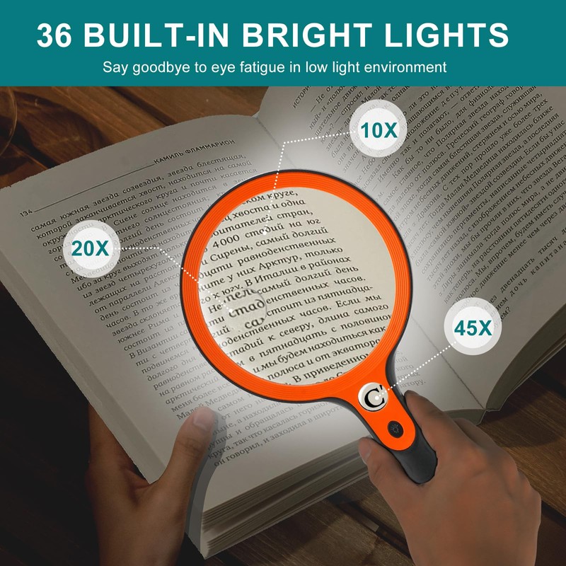 Large Magnifying Glass with 36 LED Light, 10X 20X 45X