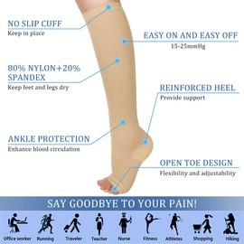 Blahhey 3 pares de calcetines de compresión abiertos para mujeres y hombres de 15 a 25 mmHg calcetines de compresión flexibles para enfermera, correr, embarazo, volar, viajes, Beige, L/XL