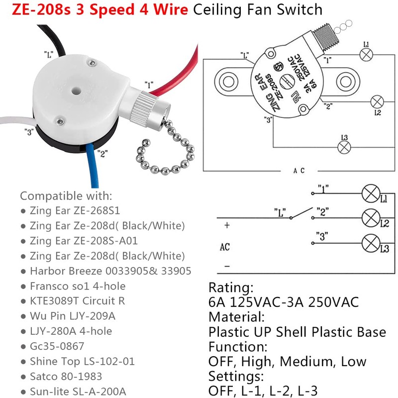 with 4 Pre-Installed Wires Ceiling Fan Switch, 3 Speed Fan