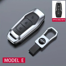 Metal Car Keycase Leather Remote Car Key Cover Key Bag Shell for Ford Fusion Mondeo Mustang F-150 Lincoln Edge Explorer MK 2015 2016 Key Chain (Silver Black)