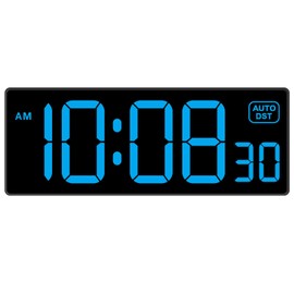 Soobest LED Wall Clock Digital Clock with Seconds, Electric Plug in Large Big Numbers Clock 5 Dimmers Wall Mount for Living Room, Auto DST, 10 Inches (Blue)