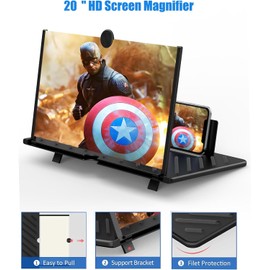 20" Screen Magnifier for Cell Phone,3D HD Magnifying Projector Screen Enlarger for Movies, Videos and Gaming, Foldable Phone Stand Holder with Screen Amplifier,Gifts for Mom Dad & Friends (Black 20")