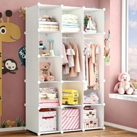 deijiner Modular Baby Wardrobe Closet, Portable Children Organizers and Storage for Nursery,15 Cubes with Hanging Rods,Multi-Functional Kids Storage Shelf-Bedroom Clothes Armoire (Boys & Girls)