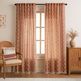 Terracotta Burnt Orange Boho Curtains, Vintage Floral Patterned Rust Linen Whimsical Semi Sheer Tapestry Drapes, Farmhouse Rustic Retro Bohemian Curtain for Bedroom Living Room 84 Inch 2 Panels