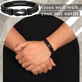 Btysun Father's Day Gifts for Dad, I Love You Gifts for Him Mens Bracelet Infinity Black Leather Bracelets for Men Linked Together Engraved Birthday Anniversary Christmas Jewelry