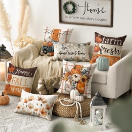 AVOIN colorlife Happy Fall Y'all Maple Leaves Flower Vases Truck Throw Pillow Covers, 20 x 20 Inch Autumn Farm Fresh Pumpkin Sunflower Thanksgiving Harvest Floral Decorations for Sofa Couch Set of 4