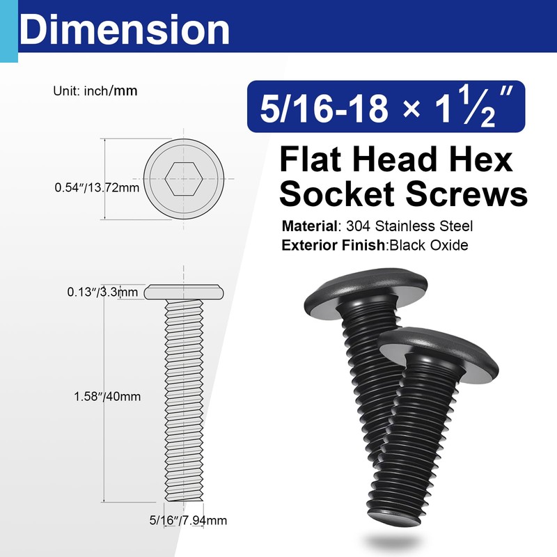20 Pcs 5/16"-18 x 1-1/2" Flat Head Socket Cap Screws