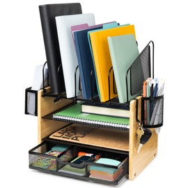 DeskEaze Bamboo Wooden Desk Organizer with Drawer - Wooden Desk Shelf for Storage & Organization - Office Tray for Files, Mail, and Supplies - Small Countertop Bookshelf with Letter Holder & Hooks