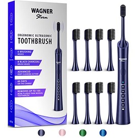Cepillo de dientes eléctrico blanqueador ultrasónico Wagner & Stern con 6 modos de cepillado. 8 cabezales de cepillo de carbón para un aliento fresco y una sonrisa saludable. (Negro)