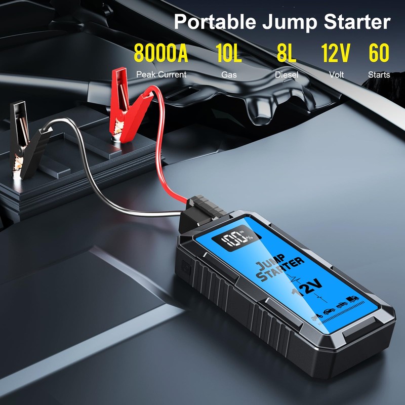 8000A Car Battery Jump Starter Box with Jumper Cables, 12V