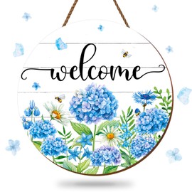 JarThenaAMCS Hydrangea Welcome Door Sign Spring Summer Wildflower Wooden Decorations Hanging Wreaths Floral Front Door Sign for Indoor Outdoor Porch Wall