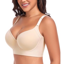 DotVol Women's Push Up Full Coverage Underwire Support Everyday T-Shirt Bra Hide Back Fat(Beige,36D)