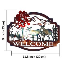 Metal Deer Wall Decor Welcome Forest Deer Mountain Metal Wall Art Rustic Cabin Wall Decor Wildlife Hunting Wall Decor for Lodge Patio, Colorful Metal Deer Wall Art Decoration Outdoor, 30cm x 23cm
