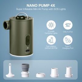 Portable Air Pump for Inflatables, Ultra-Mini Air Mattress Pump 4X with 1600mAh Battery & Camping Light, USB Rechargeable Air Pump for Swimming Rings, Pool Floats, Sleeping Pads, Vacuum Storage Bags