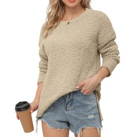 GRECERELLE Womens Chunky Knit Jumper Sherpa Fleece Fuzzy Fluffy Sweatshirt Ladies Casual Crew Neck Tunic Sweaters Winter Autumn Spring Warm Soft Pullover Tops for Women (Khaki, XXL)