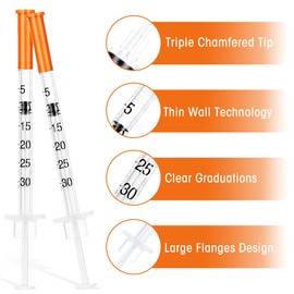 0.3ml Syringe with Cap,31 G 5/16Inch 8mm Lab Supplies for Liquids,Individually Wrapped 100 Pack