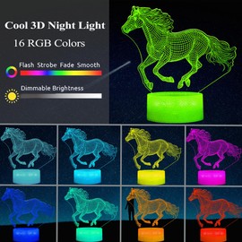 POSSHE Horse Night Light, Horse Gifts for Girl, 3D Illusion Night Light with 16 Colors Changing, Remote Control with Timer, Kids Boy Girl Room Decoration for Holiday Birthday Christmas