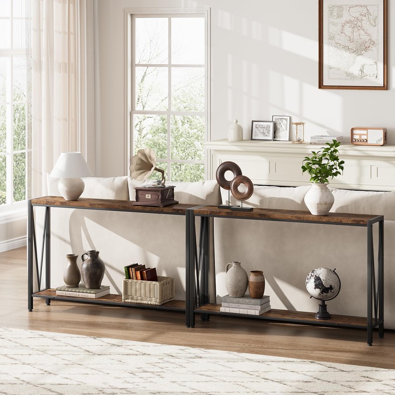 Industrial Console Table, 2 Shelf Entryway Table with Storage, Narrow