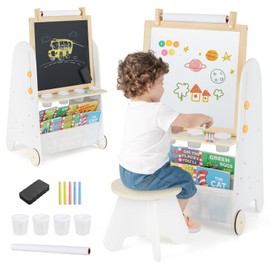 Costzon Easel for Kids, 4 in 1 Toddler Activity Table & Stool Set with Magnetic Whiteboard, Chalk Board, Paper Roll, Art Supplies, Large Desktop and Bookshelves, Kids Art Easel for Boys Girls (Beige)