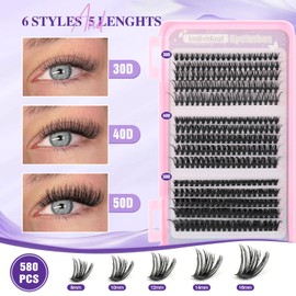 Sixstarhair Cluster Lashes Kit 580Pcs Individual Eyelashes with Bond and Seal D Curl Cluster Lashes Book 8-16mm Wispy Lash Clusters Natural Look DIY Eyelash Extension Kit (30D+40D+50D+60D+80D+100D)