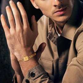 Bellino Initial Bracelet Squre A-Z Letter Cuban Link Chain Mens Bracelets Adjustable Size Stainless Steel Men Jewelry Gifts for Husband Dad Brother Son(R)